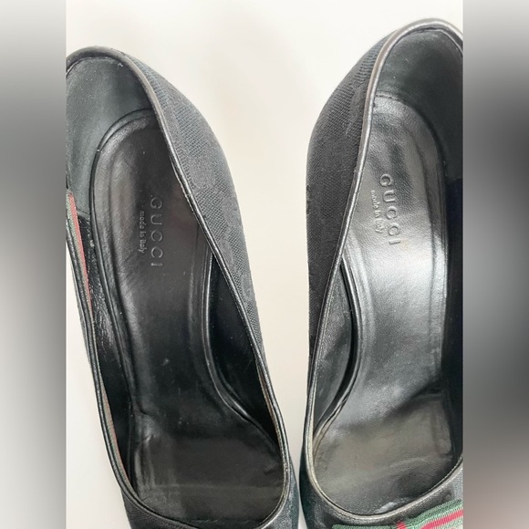 Gucci Black Canvas Leather lined Guccisima GG logo web bow peep toe pumps EU39.5 - Picture 13 of 14